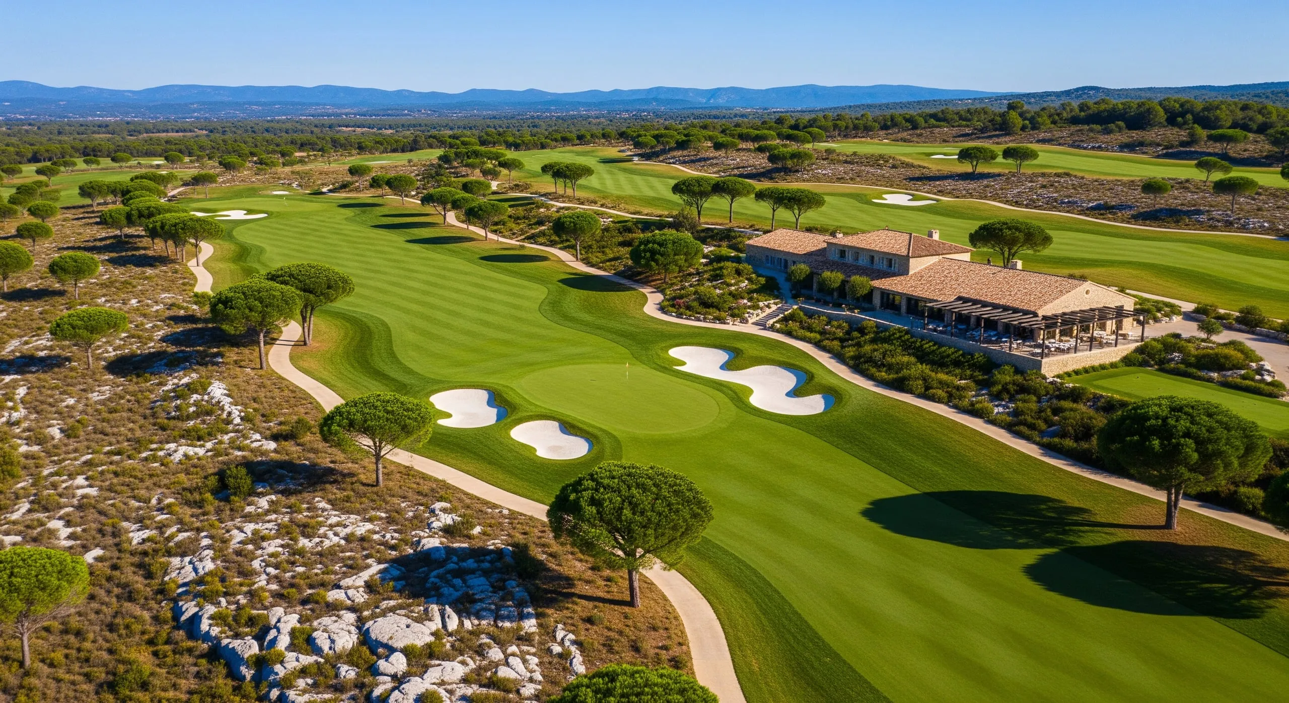 Vue aérienne du Golf des Collines : le dessin des fairways, bunkers et greens serpentant dans la garrigue et le calcaire, club-house au centre du domaine.