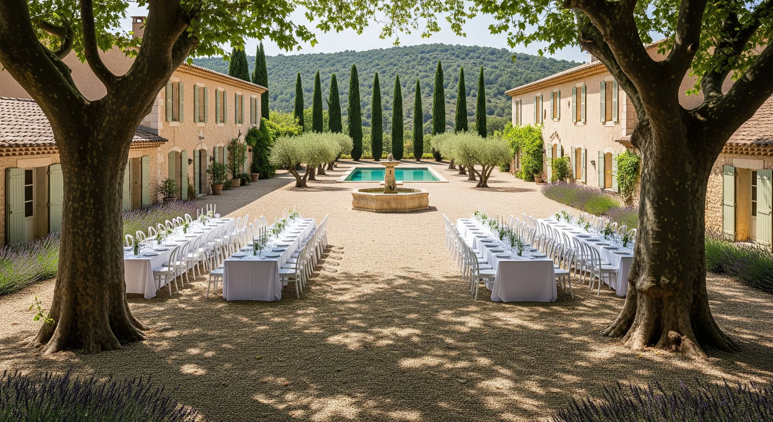 La cour d'honneur en gravier clair dressée pour un banquet : longues tables nappées de blanc sous les platanes, fontaine en pierre et façade de la bastide en arrière-plan.