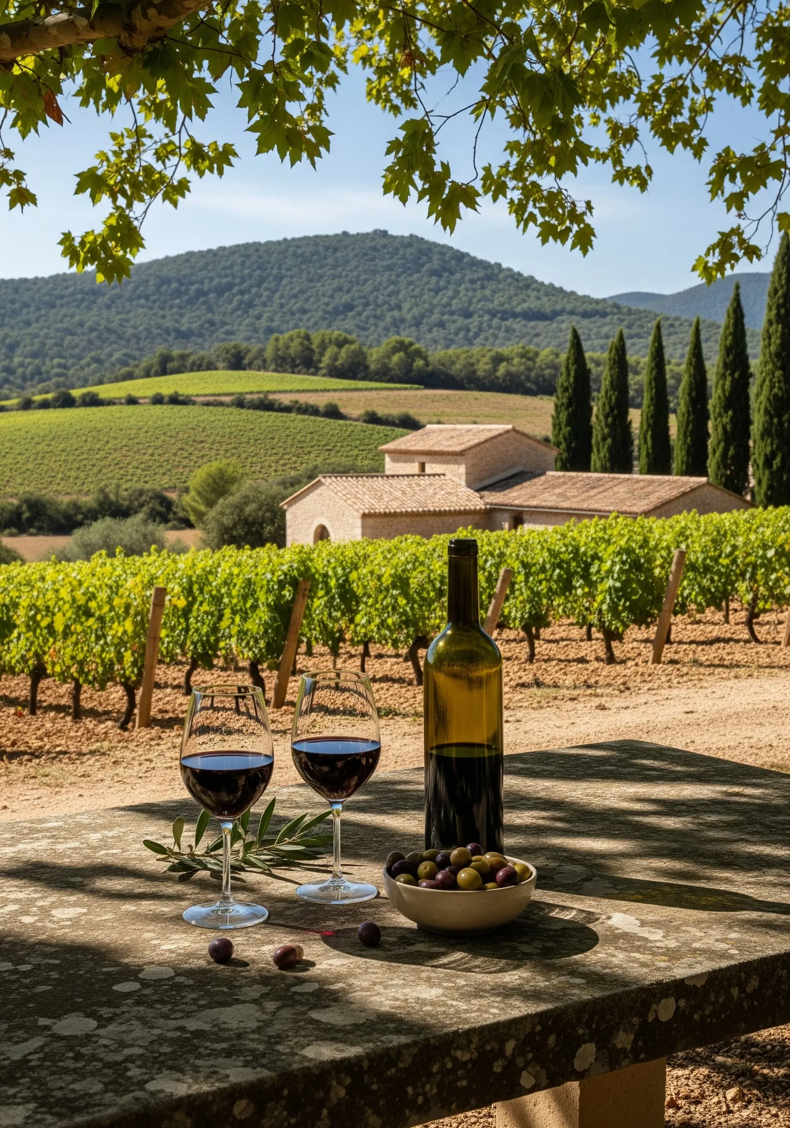 Table de dégustation dressée pour l'accueil œnotouristique au domaine