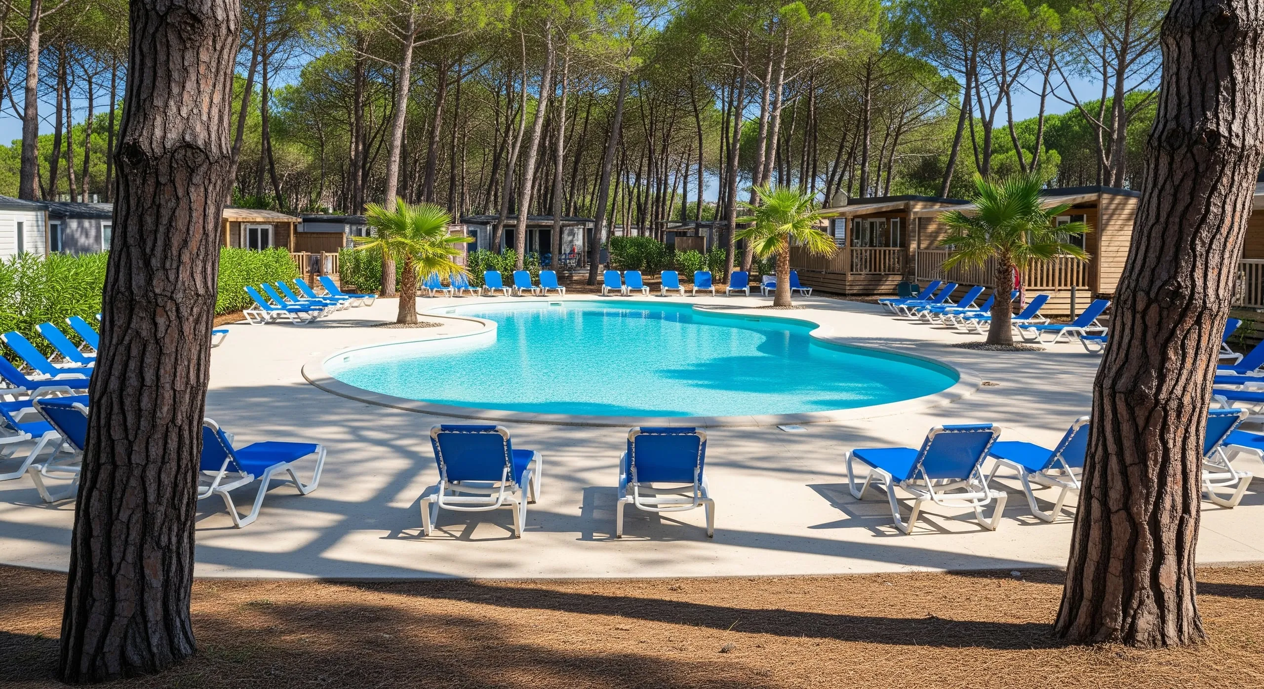 La piscine lagon du camping La Pinède au grand soleil, vue entre les troncs des pins maritimes : eau turquoise, transats libres et mobil-homes en bois à l'ombre des pins.