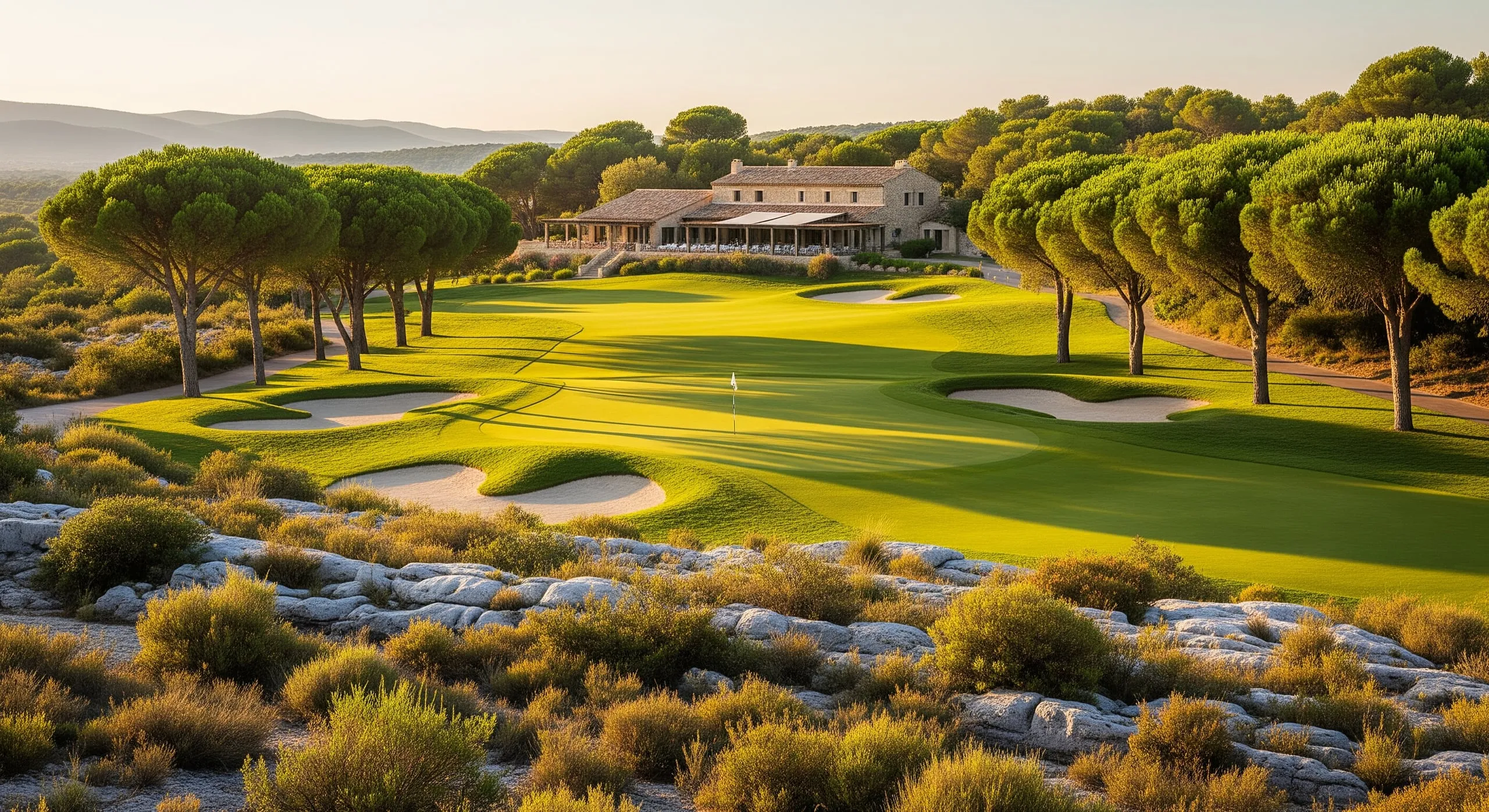 Le green du Golf des Collines à l'heure dorée : fairway émeraude entre pins parasols et rochers calcaires, club-house en pierre à terrasse ombragée en arrière-plan.