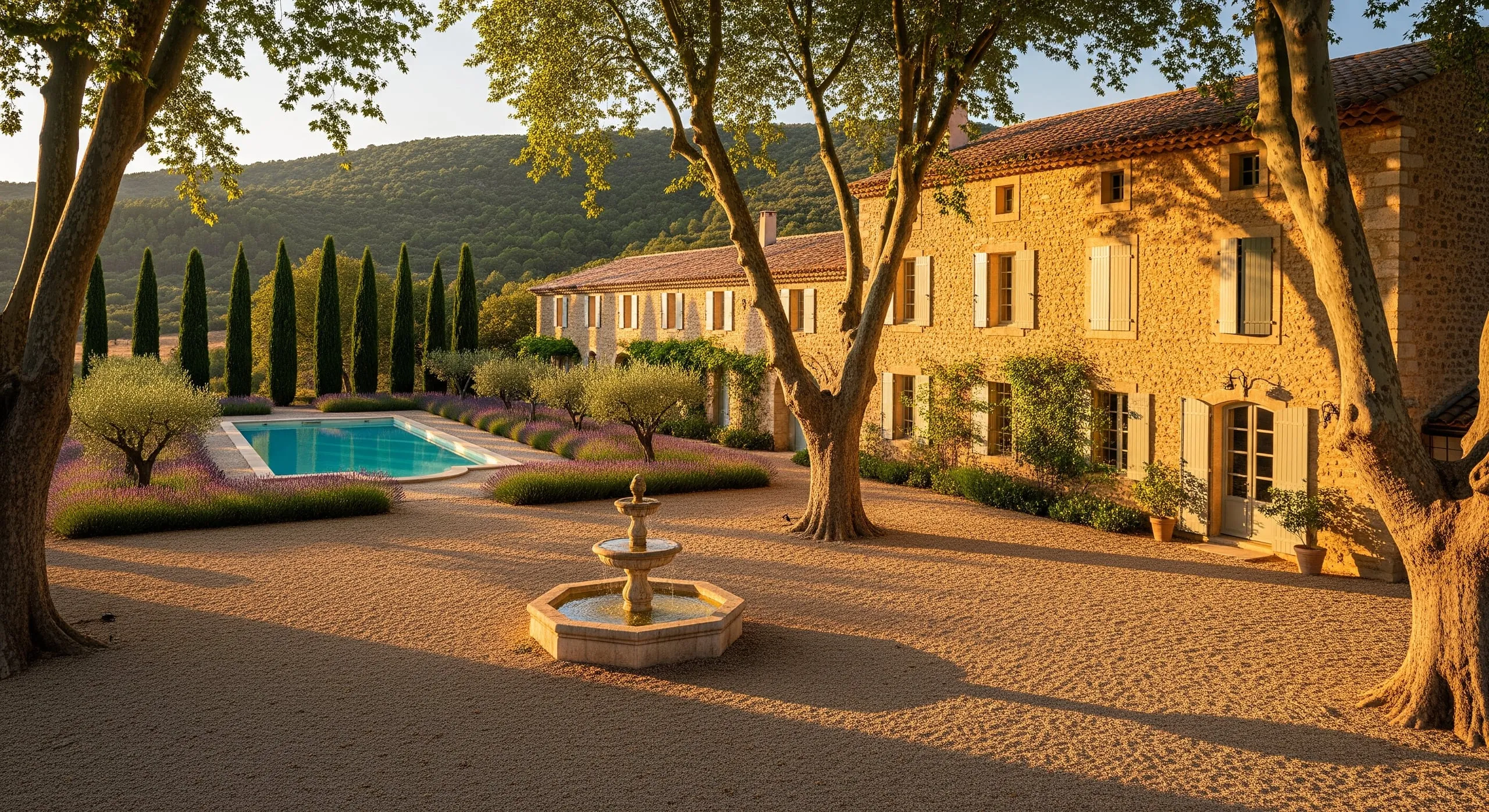 Vue d'ensemble du Domaine des Restanques au soleil couchant : bastide en pierre calcaire aux volets vert olive, cour de gravier, piscine et rangs de lavande face aux collines du Luberon.