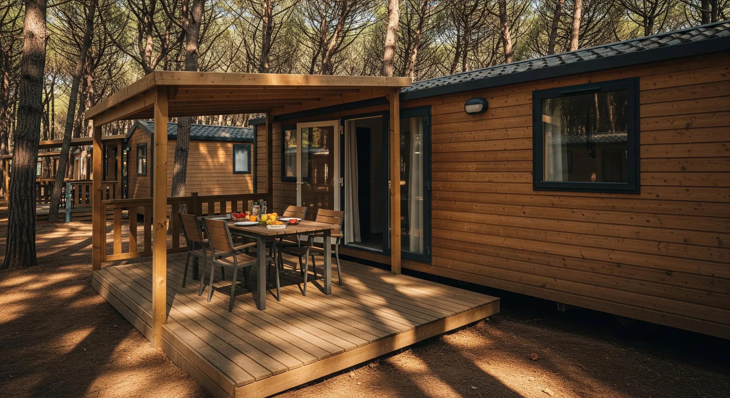 Mobil-home locatif d'un camping avec terrasse en bois