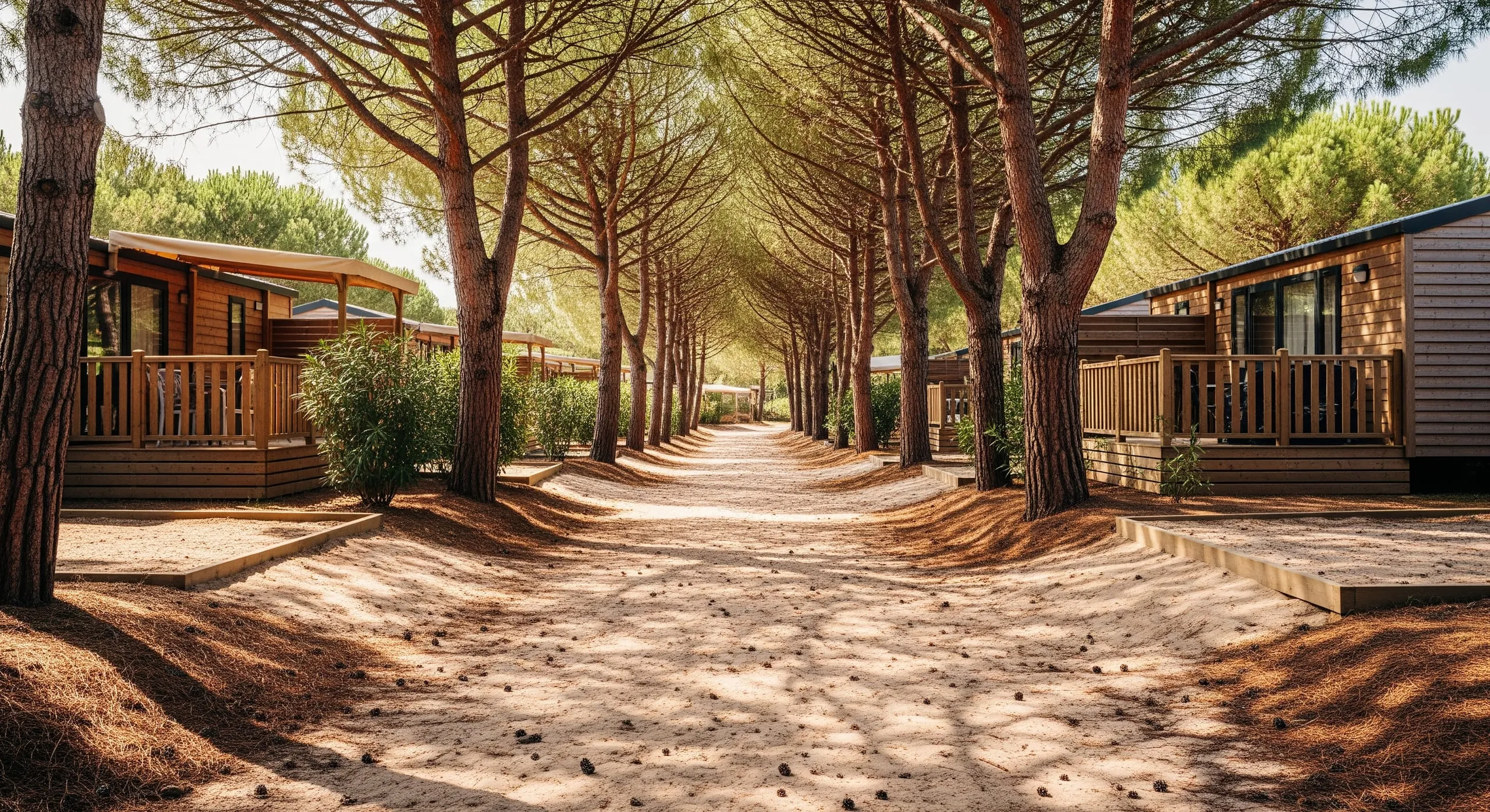 Emplacements ombragés sous les pins d'un camping familial