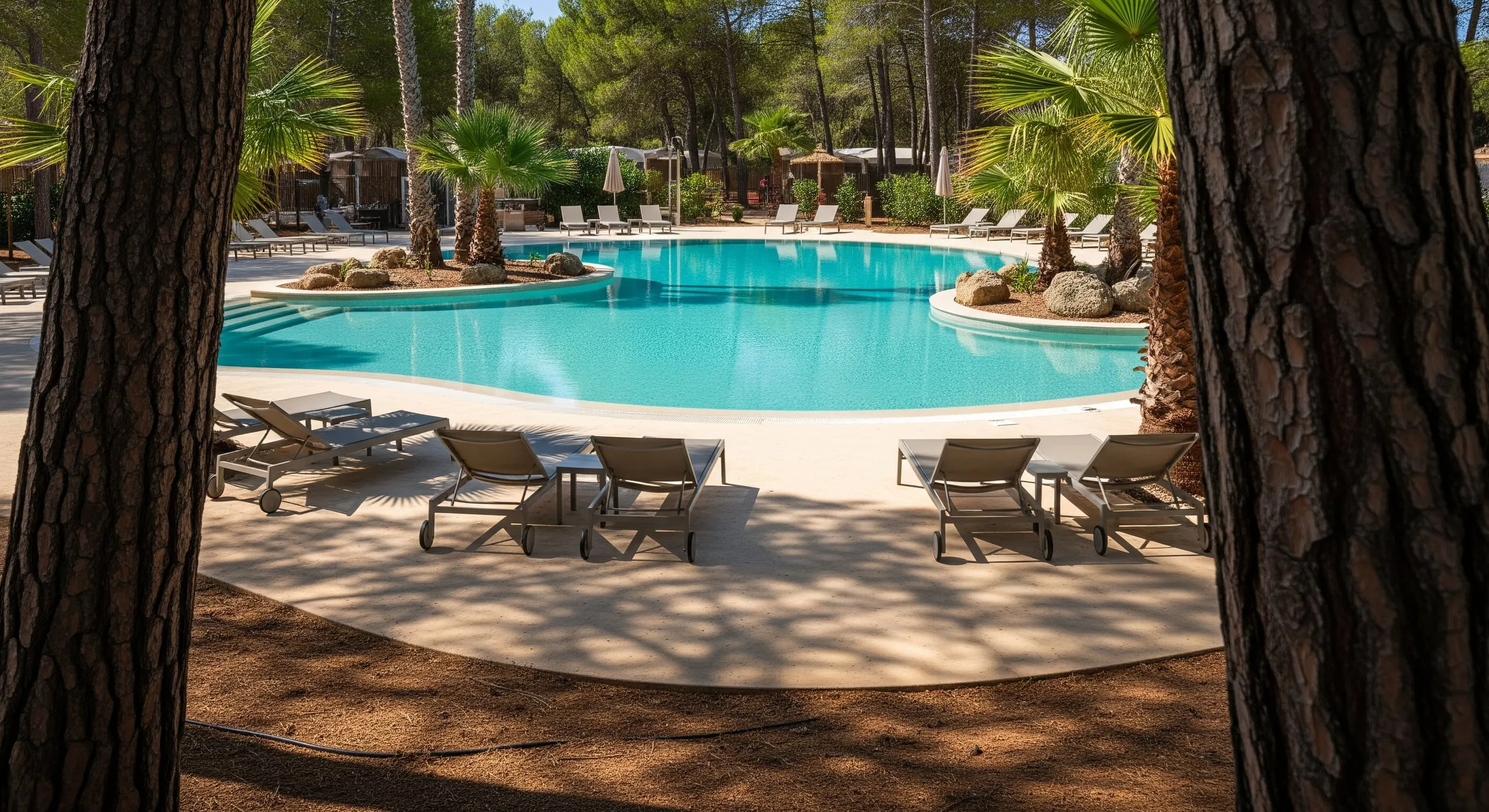 Espace aquatique et piscine chauffée d'un camping en pinède