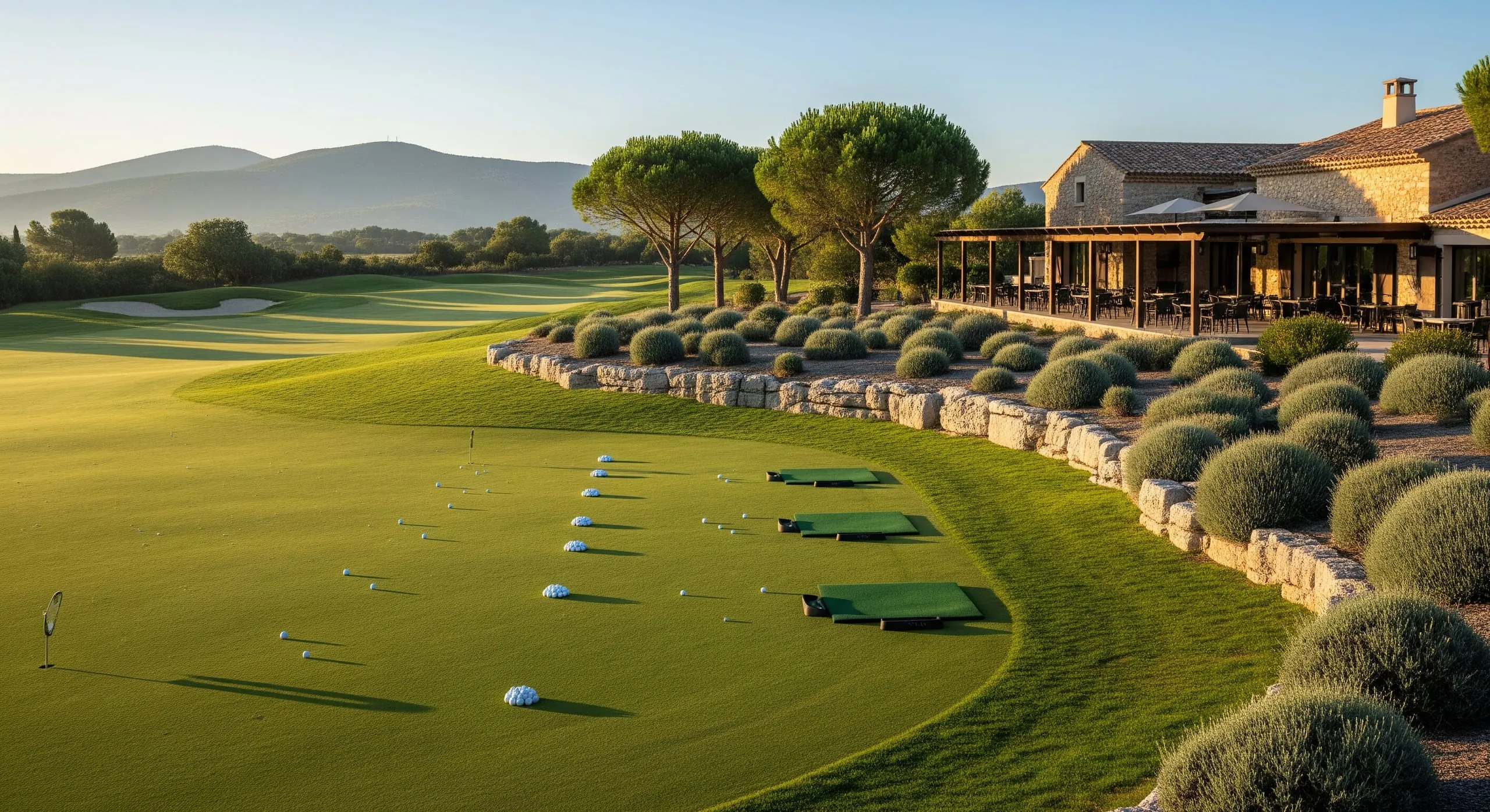 Le practice du Golf des Collines au matin : balles blanches semées sur l'herbe rase, collines de garrigue et club-house en pierre dans la lumière rasante.