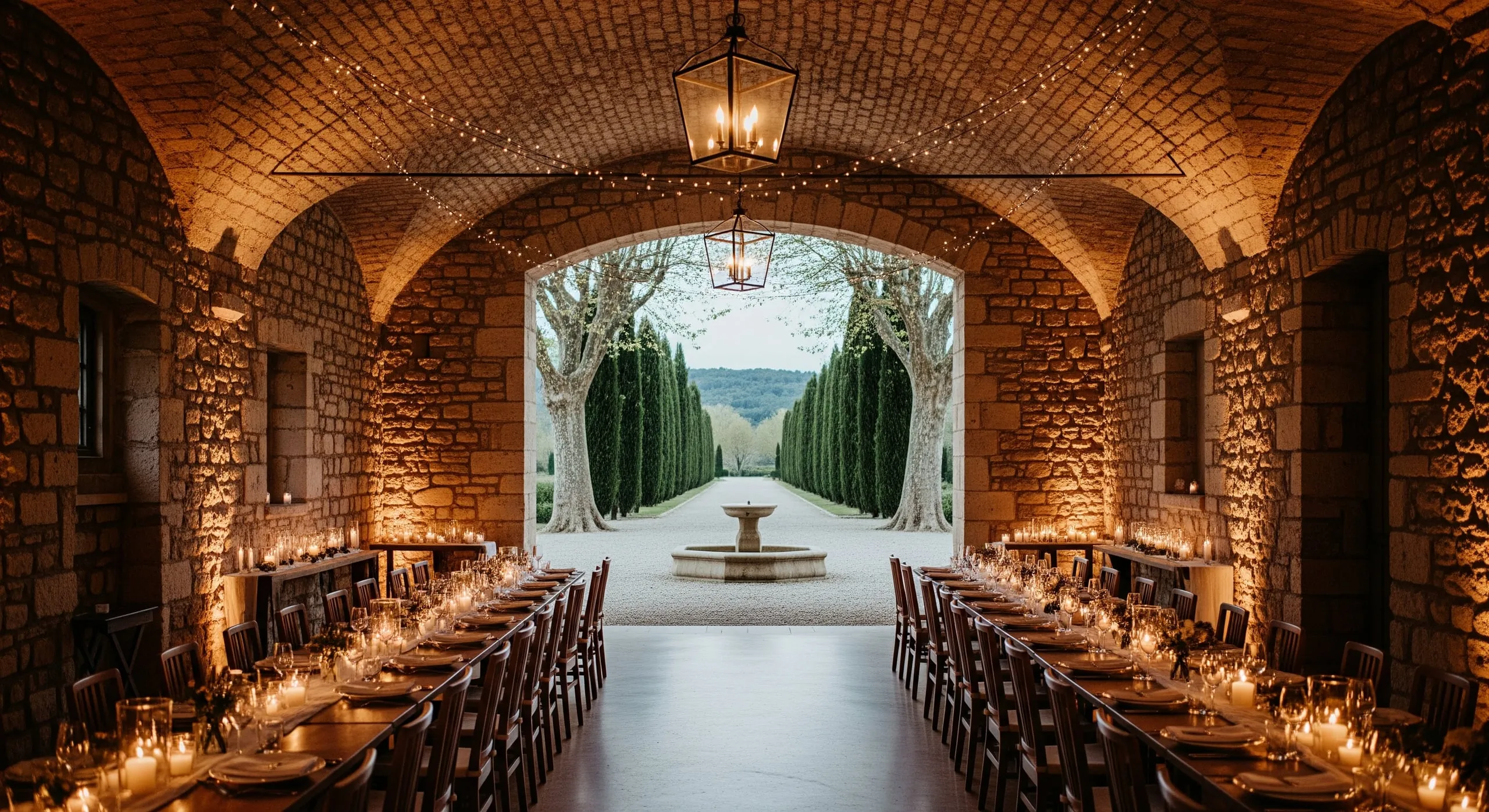 La salle voûtée en pierre le soir : longues tables aux chandelles sous des guirlandes lumineuses, grandes portes ouvertes sur la cour.
