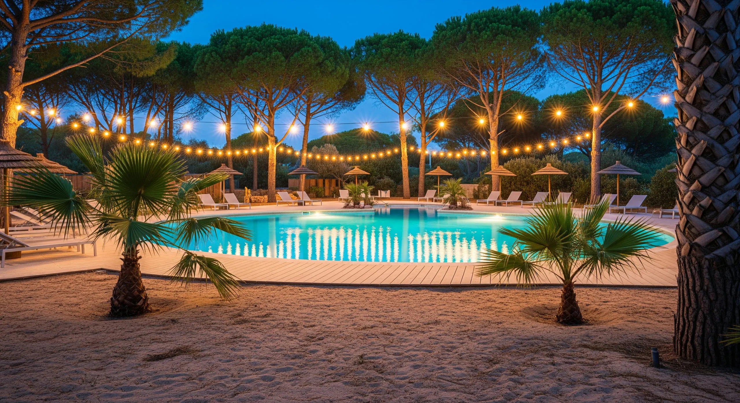 La piscine à la tombée du soir : guirlandes lumineuses tendues entre les pins, ciel bleu nuit et mobil-homes éclairés.