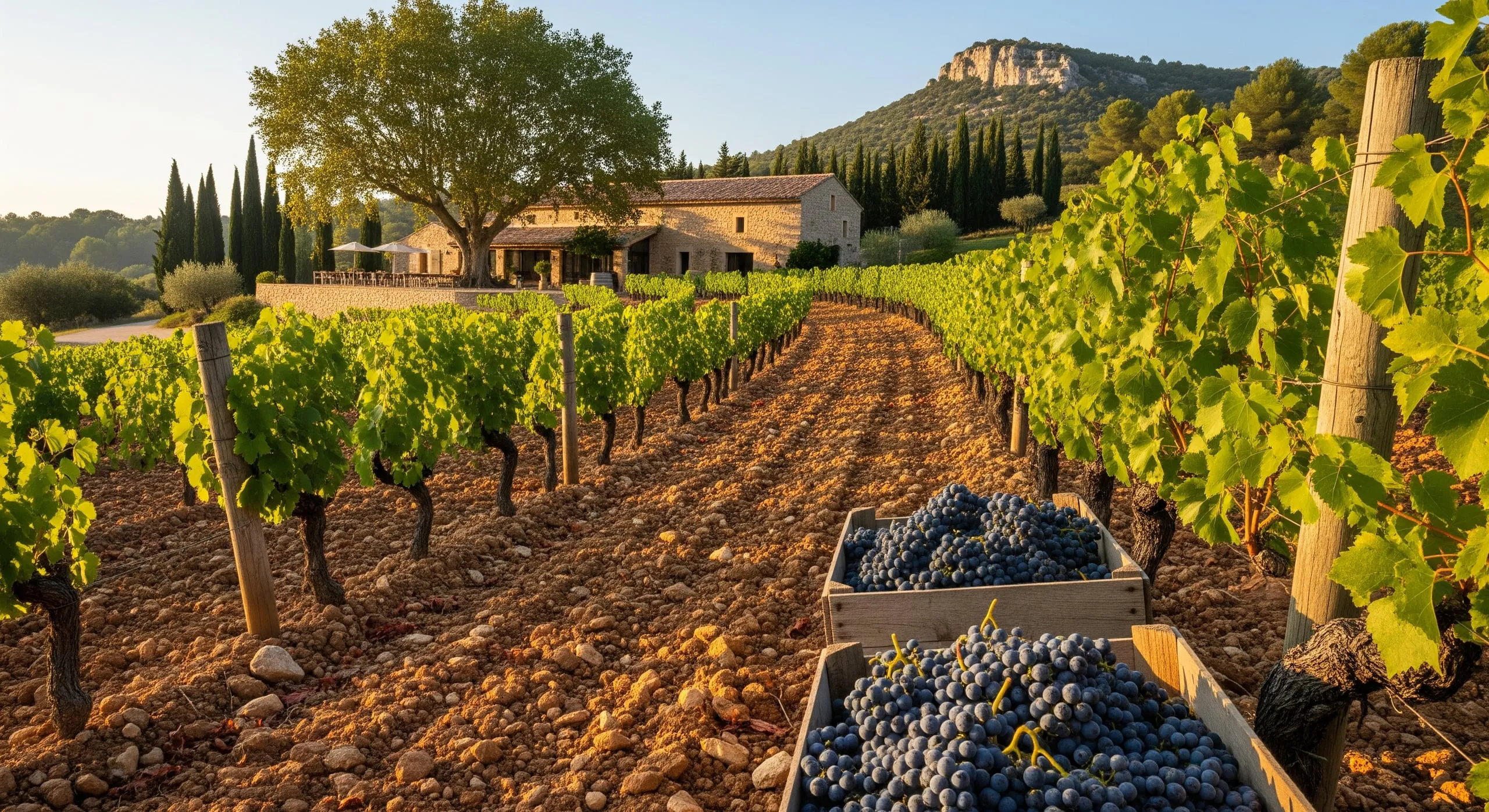 Caisses de raisin noir fraîchement vendangé posées en bout de rang, dans la lumière du petit matin, le chai en pierre au fond.